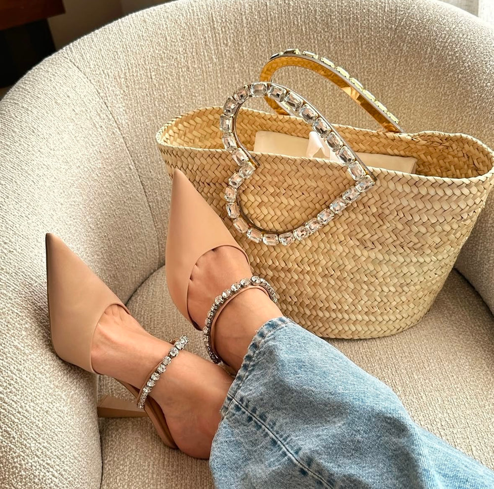 Crystal Heart Raffia Bag